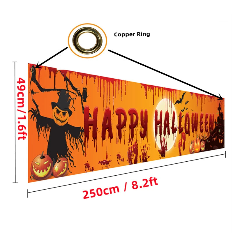 Happy Halloween Banner 250cm Long Hanging Halloween Banner with Pumpkin Terror Bloody Handprint Decor for Yard Indoor Outdoor