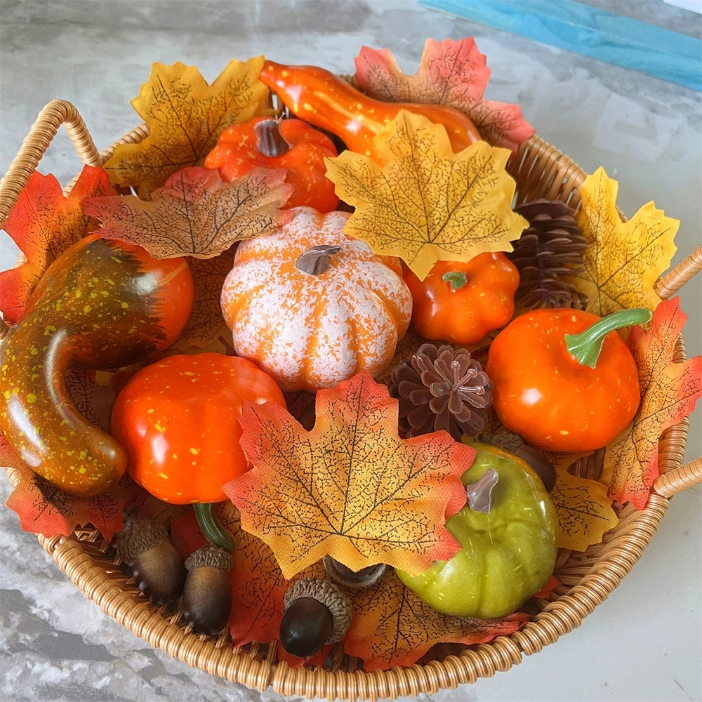 50pcs, Thanksgiving Hallowee Artificial Pumpkins And Gourds Set, Fake Pumpkin Pinecones And Acorns Maple Leaves, Home Decoration