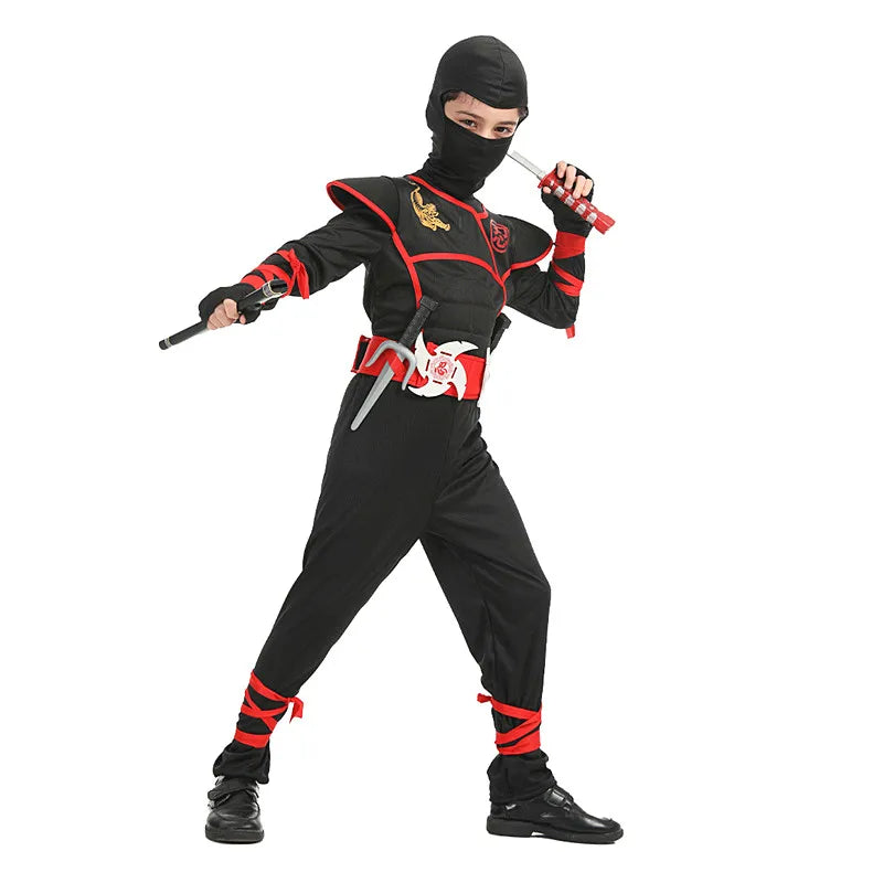 Boys Ninja Deluxe Costume for Kids with Weapon Accessories Kids Kung Fu Outfit Halloween Ideas Gifts with Bayonet Toys