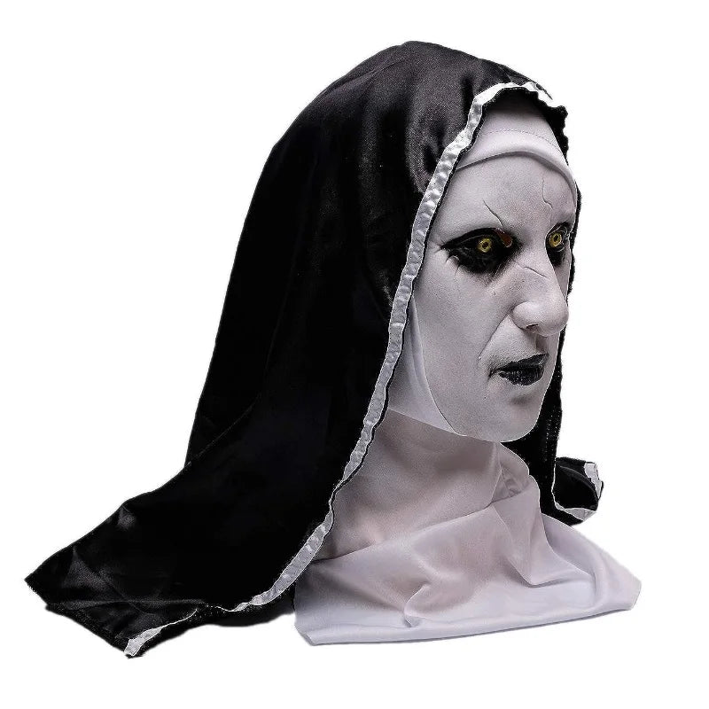 Scary Nun Mask Costume Horror Full Head Mask with Scarf Adult Creepy Costumes Party Props Plastic Ghost Latex Nun Dress Up Mask