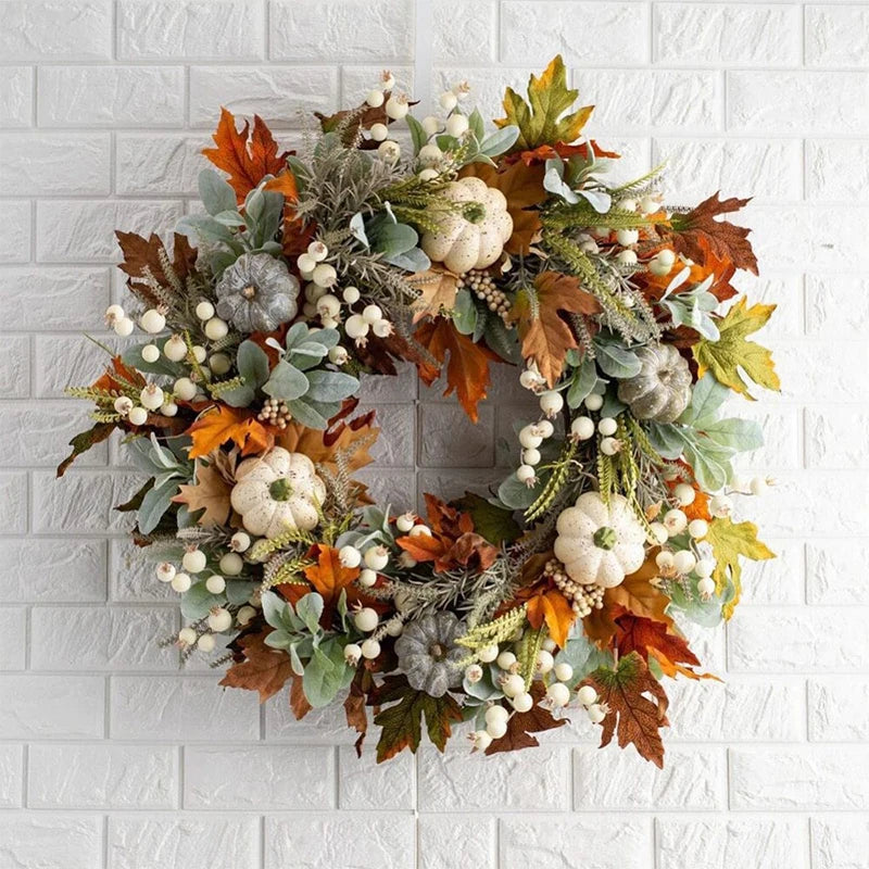 45cm Fall Wreaths Pumpkin Berry Maple Leaf Artificial Wreath Harvest Autumn Door Wreath Christmas Halloween Home Hanging Decor