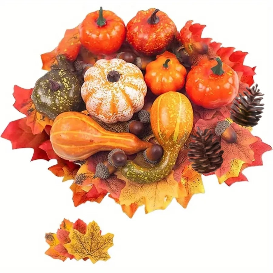 50pcs, Thanksgiving Hallowee Artificial Pumpkins And Gourds Set, Fake Pumpkin Pinecones And Acorns Maple Leaves, Home Decoration