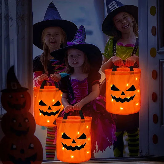 LED Light Halloween Trick or Treat Bucket Pumpkin Candy Bags Collapsible Halloween Basket for Thanksgiving Party Gift Basket