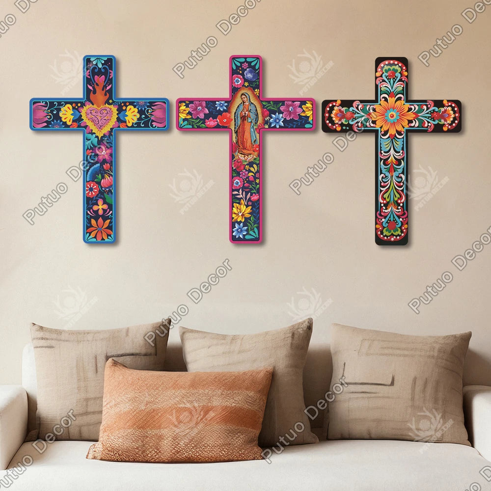 Putuo Decor Mexican Crucifix Wood Wall Decor, Day of the Dead Decoration Wooden Wall Mounted Cross for Home , 15.9 X 11.8 Inches