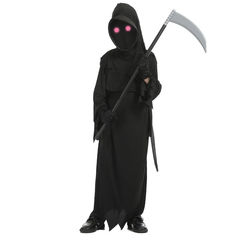 Halloween Cosplay Costume Grim Reaper Scary Skeleton Costume Children Glowing Red Eyes Grim Reaper Ghost Robe Send Scythe Props