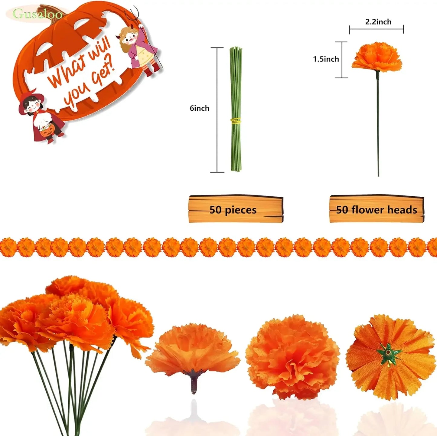 50Pcs Mexican Marigold Artificial Flowers for Day of The Dead Diwali Home DIY Craft Party Halloween Dia De Los Muertos Decor