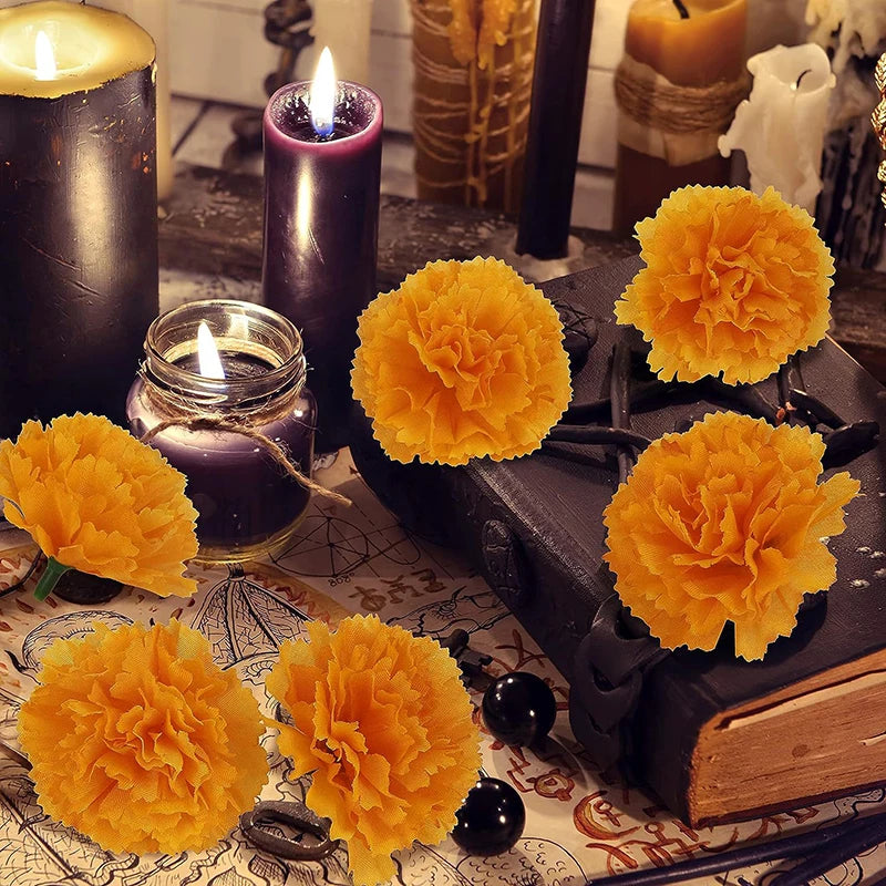 10Pcs Mexican Marigold Artificial Flowers For Day Of The Dead Diwali Home DIY Craft Party Halloween Dia De Los Muertos Decor