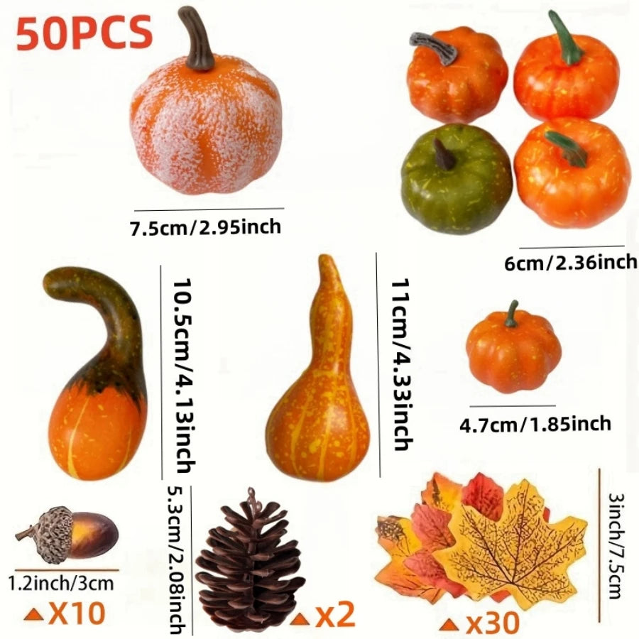 50pcs, Thanksgiving Hallowee Artificial Pumpkins And Gourds Set, Fake Pumpkin Pinecones And Acorns Maple Leaves, Home Decoration