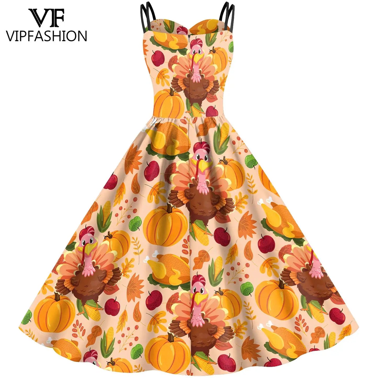 VIP FASHION Thanksgiving Day Women Dress Sleeveless Slip Dresses Turkey Print Party Outfit Holiday Cosplay Costume Sexy Clothes