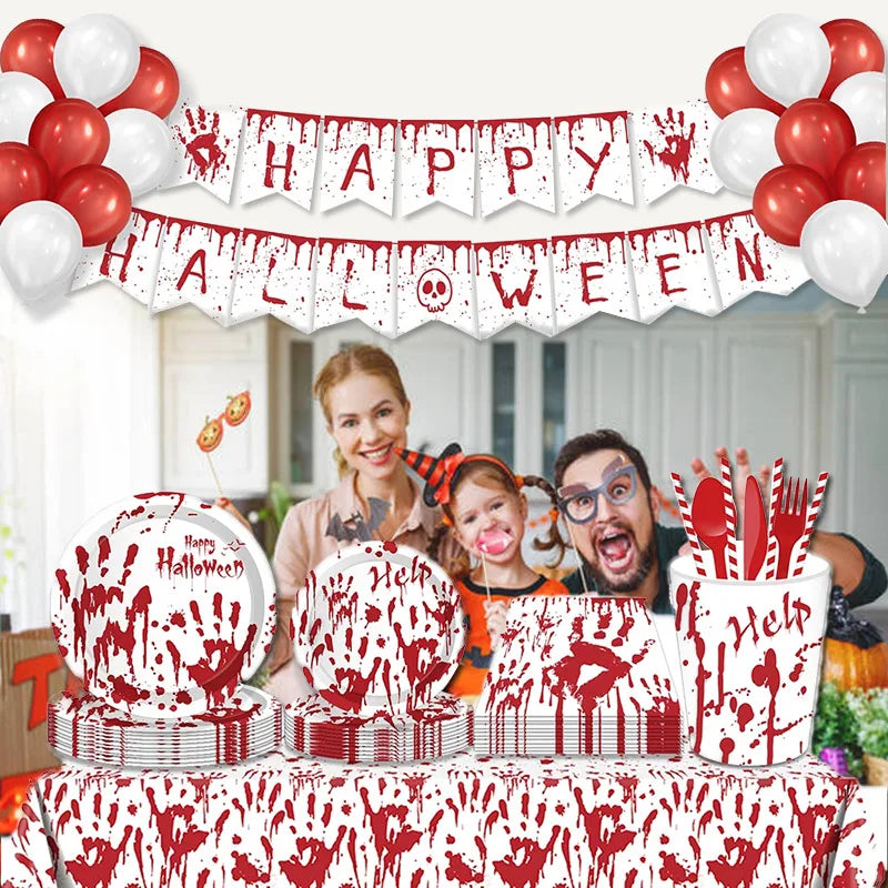 Halloween Red Scary Blood Handprint Disposable Tableware Paper Cups Plates Straw Tablecloth Halloween Party Decoration Supplies