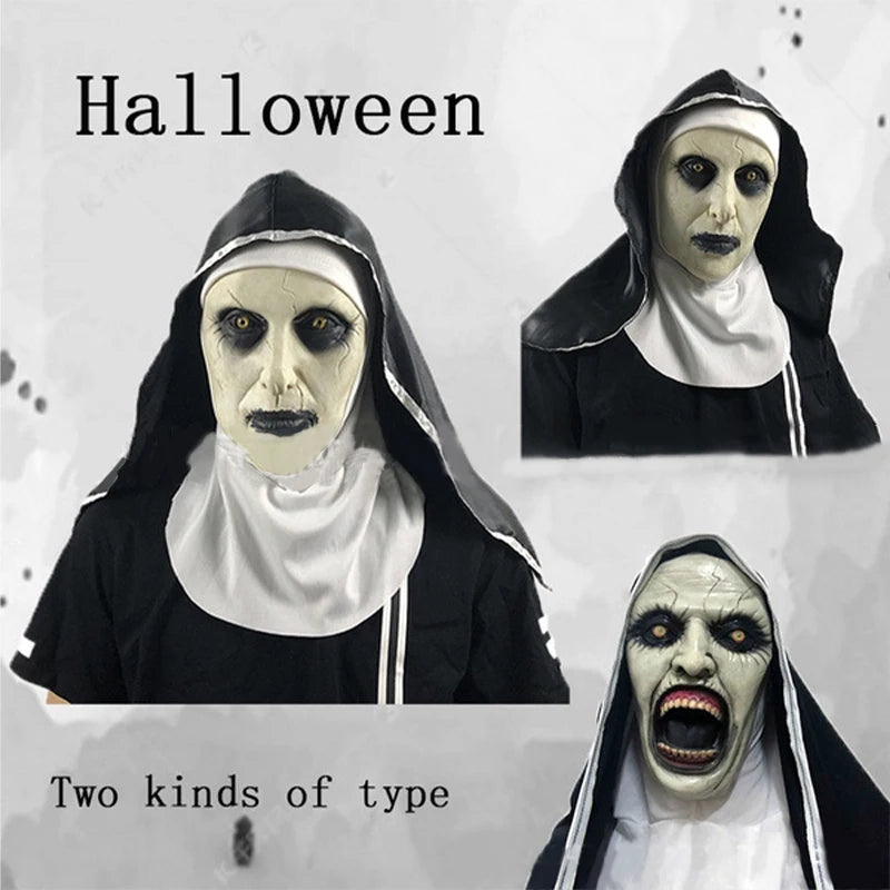 Scary Nun Mask Costume Horror Full Head Mask with Scarf Adult Creepy Costumes Party Props Plastic Ghost Latex Nun Dress Up Mask