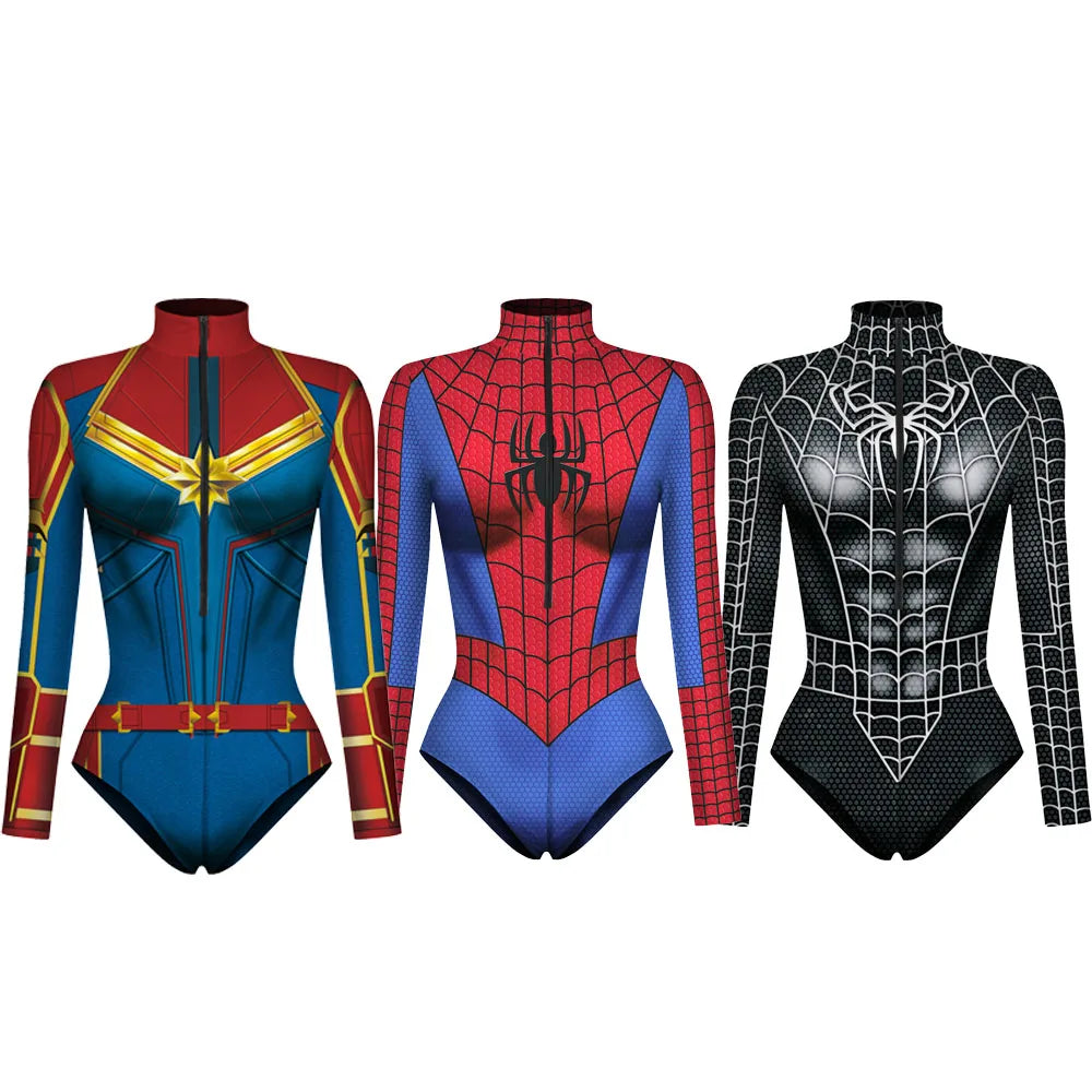 Spiderman Bodysuit for Women and Men, Captain Superhero Jumpsuit, 3D Print, Long Sleeve Swimsuit, Halloween Carnival Cos