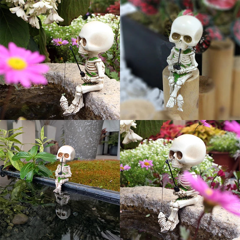 Halloween Skeleton Fishing Figurine Resin Statue Indoor Outdoor Garden Yard Party Decor Sculpture Ornament Crafts Fishing Skull