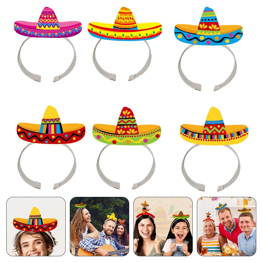 6 Pcs Mexican Hat Headband Sombrero Hats Headbands Brim 16x11cm Day The Dead Hairbands Paper Party Supplies