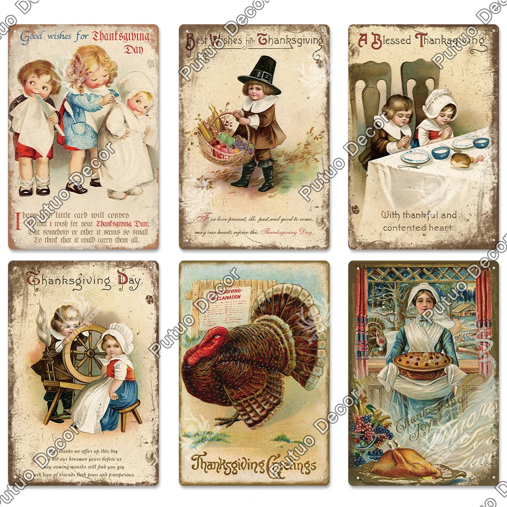 Putuo Decor Thanksgiving Vintage Tin Sign Plqaue Metal Plate Funny Turkey for Family Love Gift Home Kitchen Sweet Wall Painting