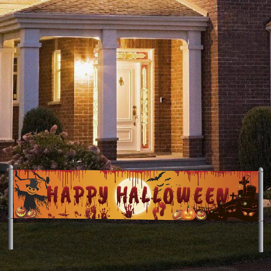 Happy Halloween Banner 250cm Long Hanging Halloween Banner with Pumpkin Terror Bloody Handprint Decor for Yard Indoor Outdoor