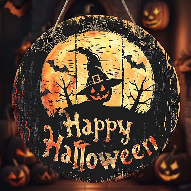 Halloween Wooden Wreath Logo Retro Witch Pumpkin Head Horror Decoration Home Garden Art Decoration Kitchen Porch Hanging Pendant