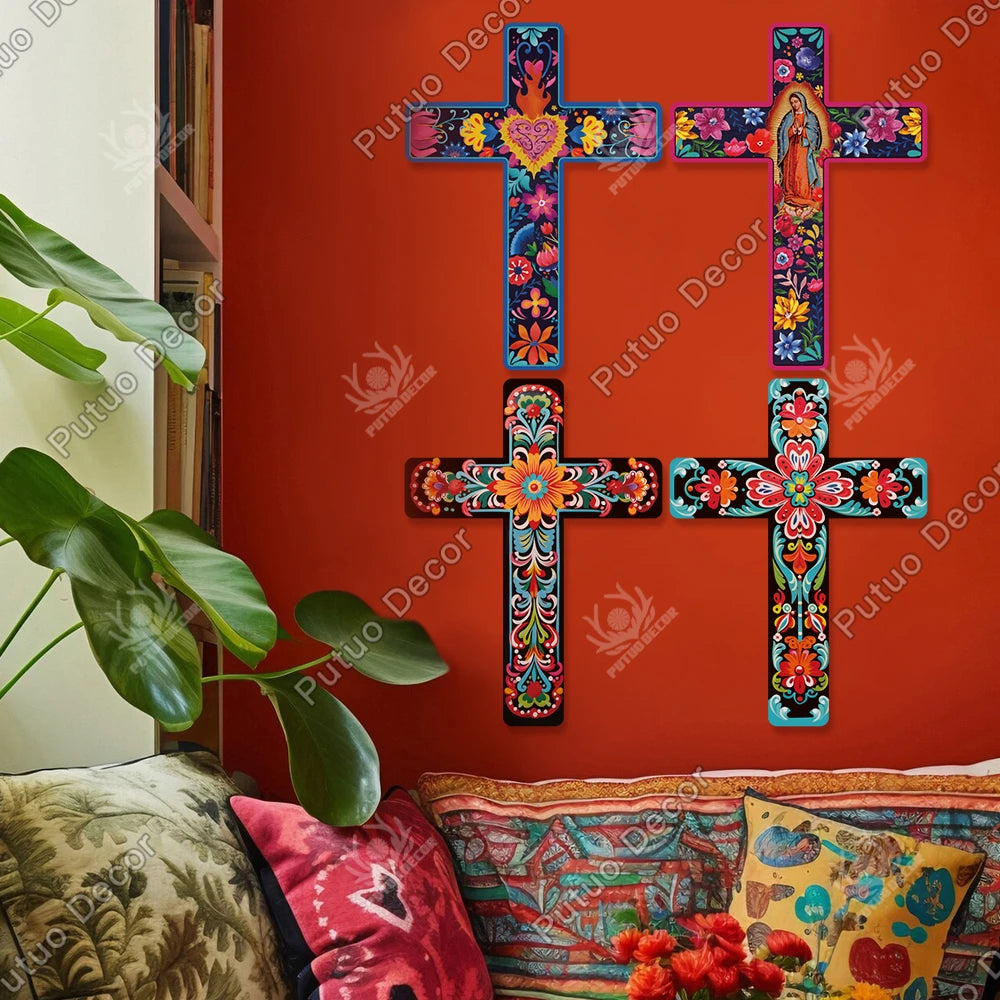 Putuo Decor Mexican Crucifix Wood Wall Decor, Day of the Dead Decoration Wooden Wall Mounted Cross for Home , 15.9 X 11.8 Inches