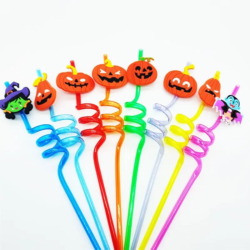 1/8pcs Halloween Plastic Drinking Straws Reusable Pumpkin Bat Spider Web Skeleton Witch Straws Party Decoration Birthday Party