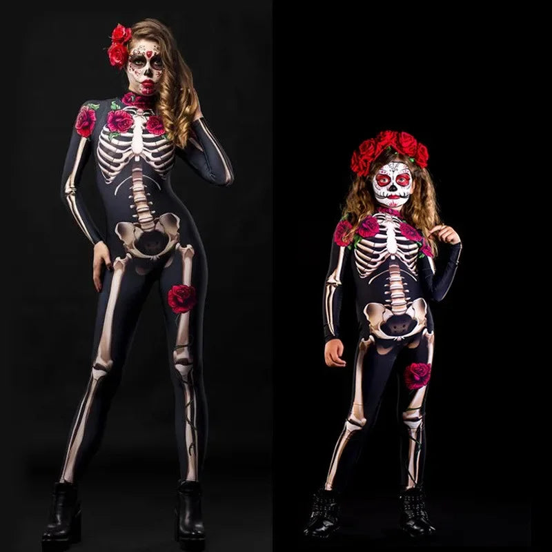 Rose Skeleton Adult Kids Scary Costume Halloween Dress Cosplay Sexy Jumpsuit Carnival Party Baby Girl Rompers Day of The Dead