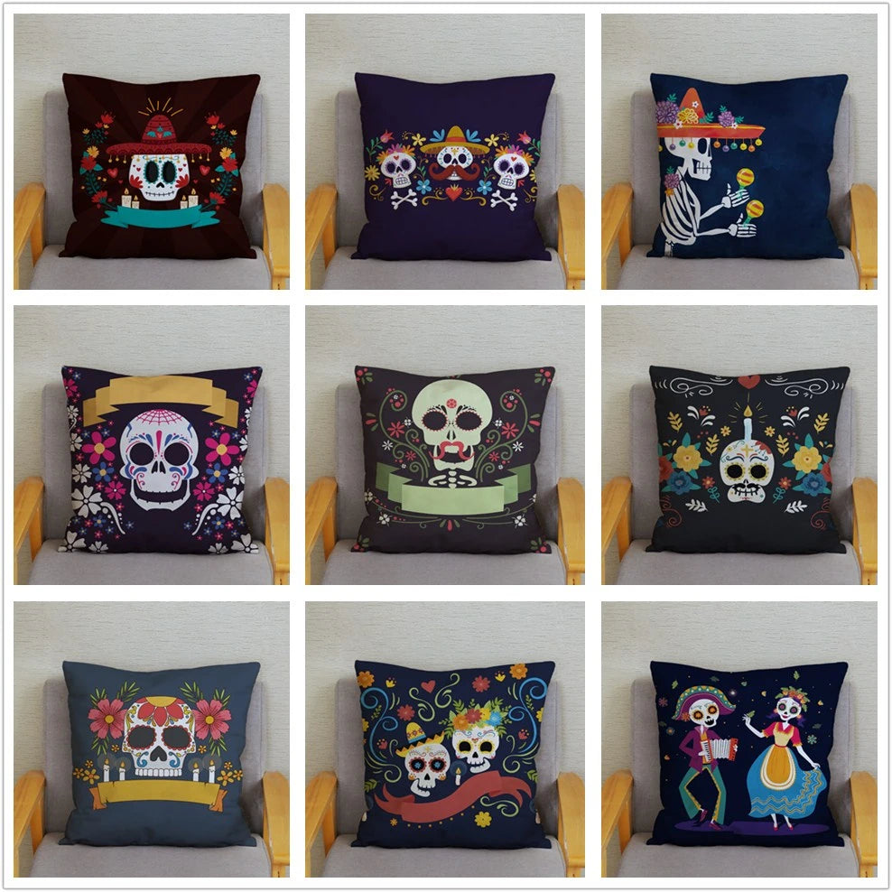 Mexican Day of The Dead Pillowcase Bedroom Living Room Sofa Home Decoration  Cartoon Flower Skull Print Cushion Cover