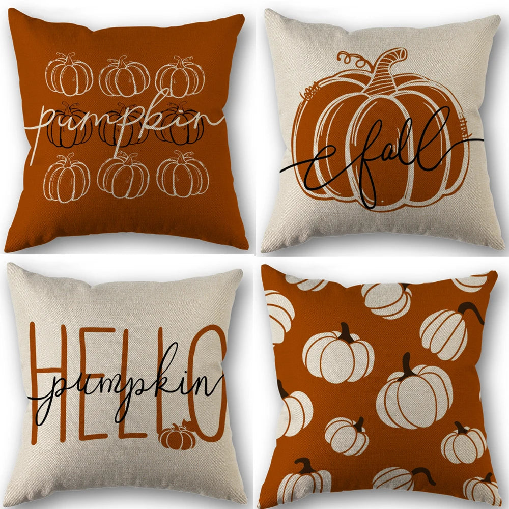 4pcs Vintage Fall Pillow Covers 18x18 Inch - Autumn Orange White Pumpkin Design for Thanksgiving  No Pillow Core Included