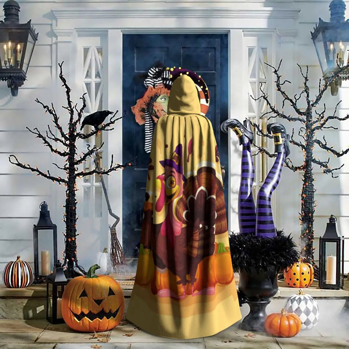 Thanksgiving Day Turkey Hooded Cloak Polyester Unisex Witch Cape Costume Accessory