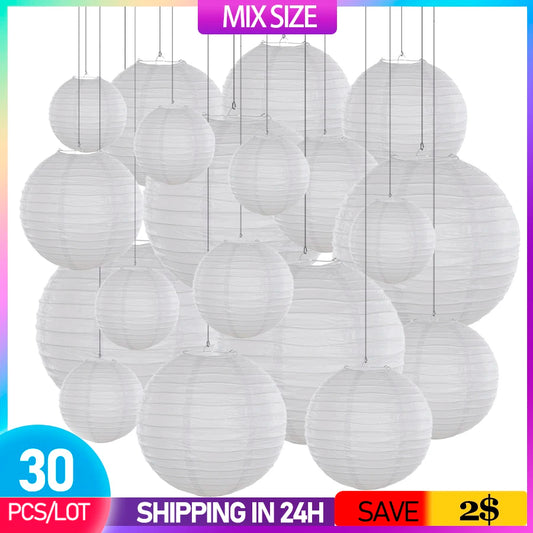 30pcs/Lot 4''-12'' Mix Size Paper Ball Lampion Hanging White Wedding Decoration Paper Lanterns Lampshade Party Décor