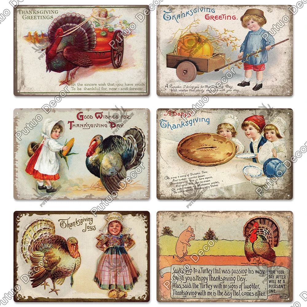 Putuo Decor Thanksgiving Vintage Tin Sign Plqaue Metal Plate Funny Turkey for Family Love Gift Home Kitchen Sweet Wall Painting