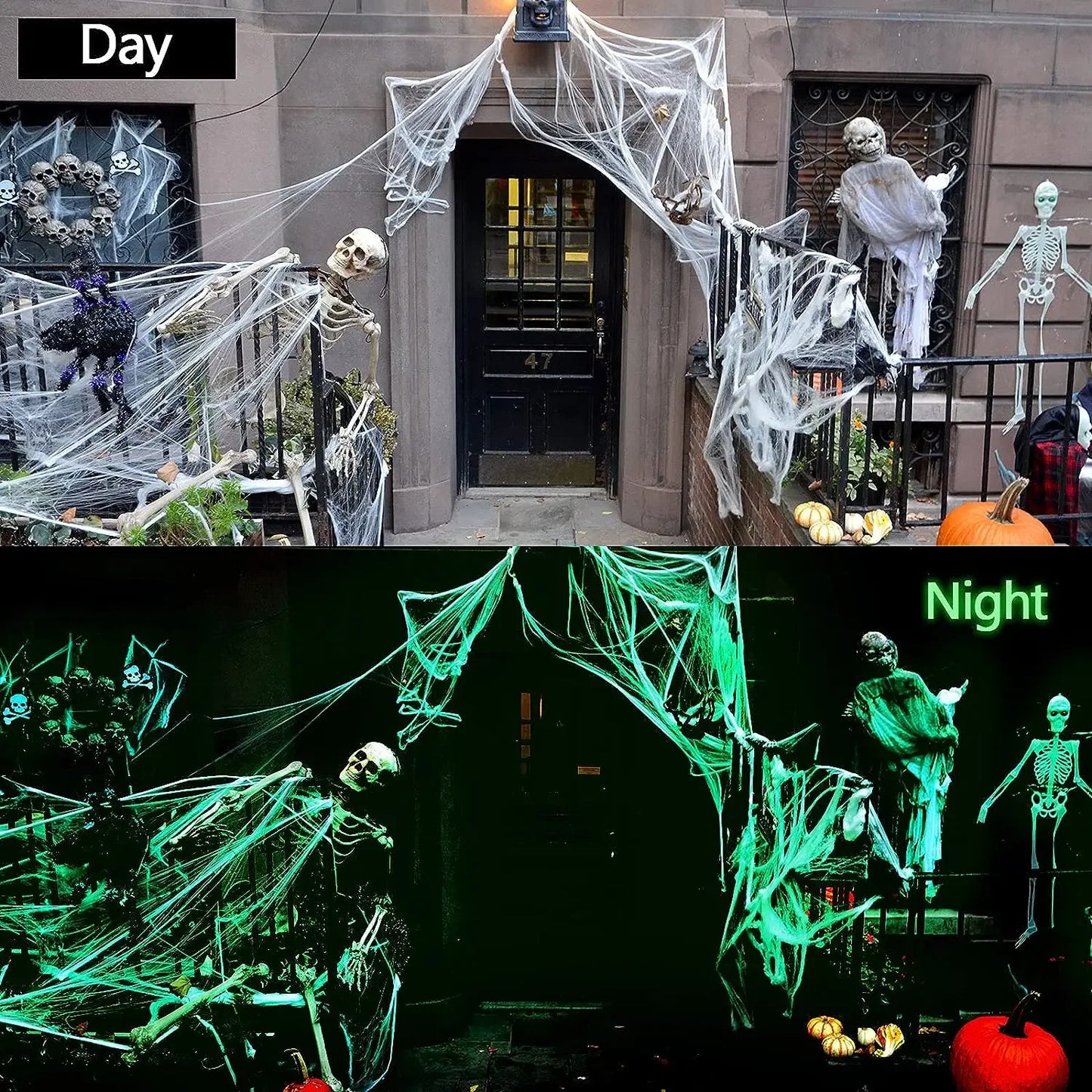 Luminous  Spider Webs and Fake Spiders White Stretch Cobwebs for Halloween Indoor Outdoor Horror Decoration Prop