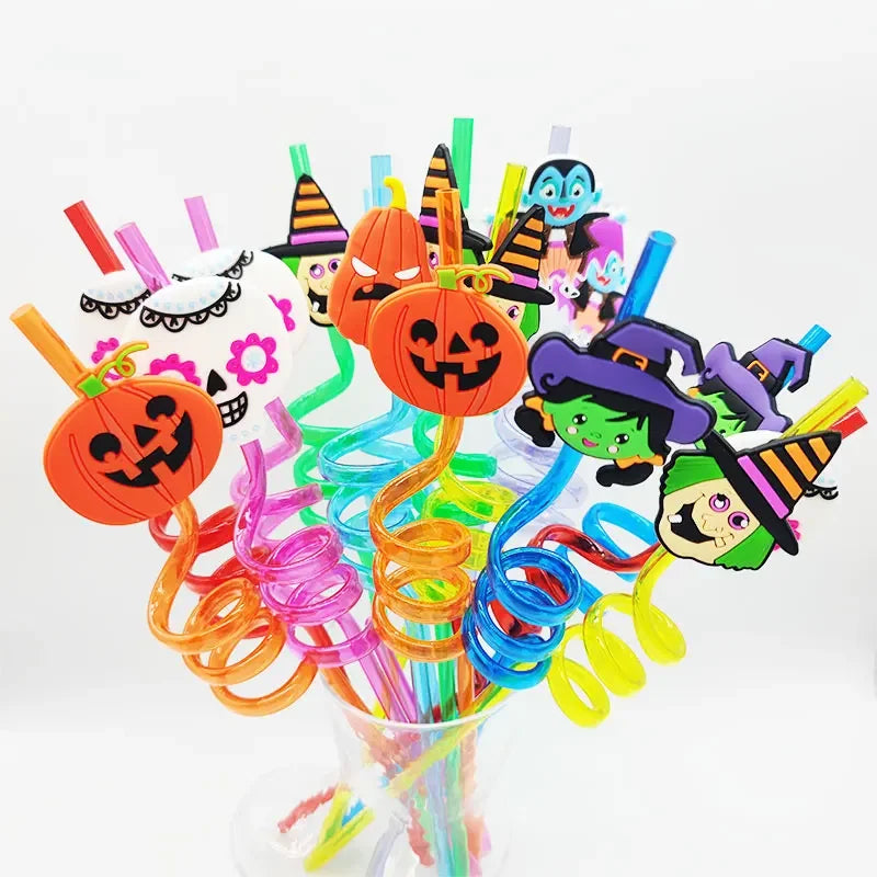 1/8pcs Halloween Plastic Drinking Straws Reusable Pumpkin Bat Spider Web Skeleton Witch Straws Party Decoration Birthday Party