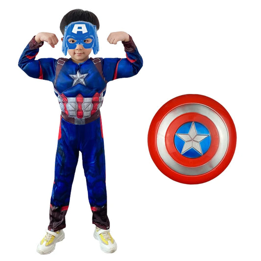 Child Captain America Costume Kids Superhero Captain America Cosplay Muscle Costumes Jumpsuit Shield Suit Halloween Clothes