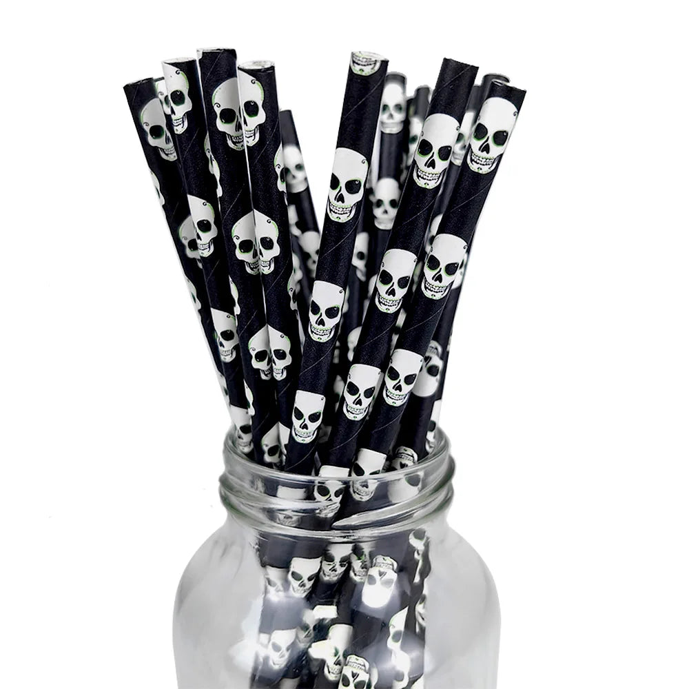 25/50pcs Halloween Paper Straws Black Orange Pumpkin Spider Skull Pattern Halloween Party Decorations Disposable Drinking Straws