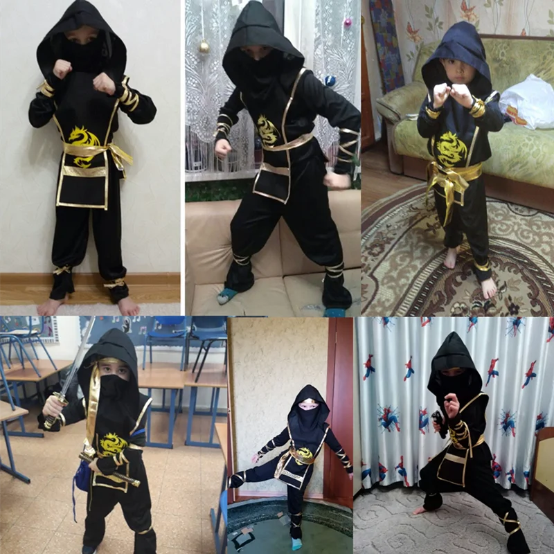 Boys Ninja Deluxe Costume for Kids with Weapon Accessories Kids Kung Fu Outfit Halloween Ideas Gifts with Bayonet Toys