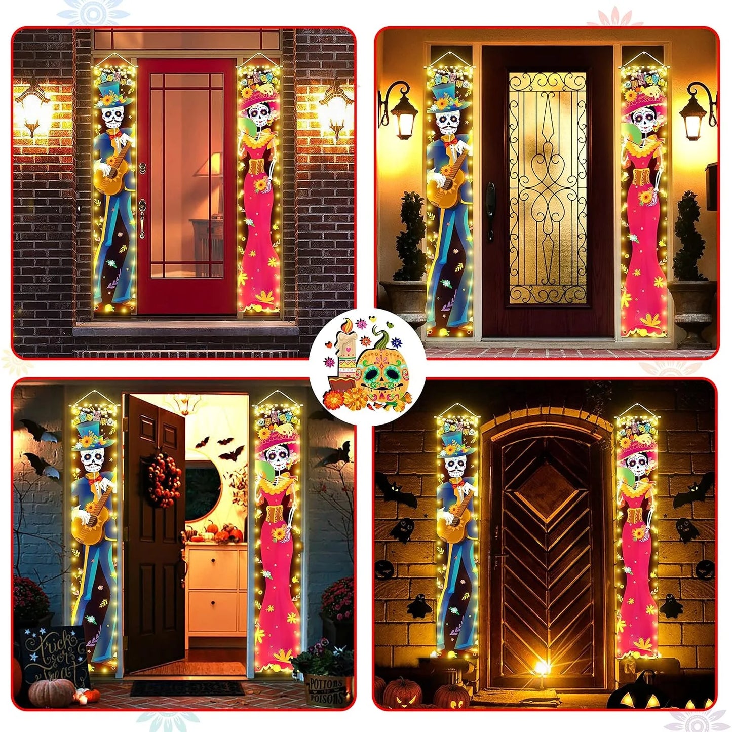 Halloween Lighted Porch Signs Banners Decorations Indoor Dia De Los Muertos Day of The Dead Outdoor Wall Door Couplet Decor 2PCS