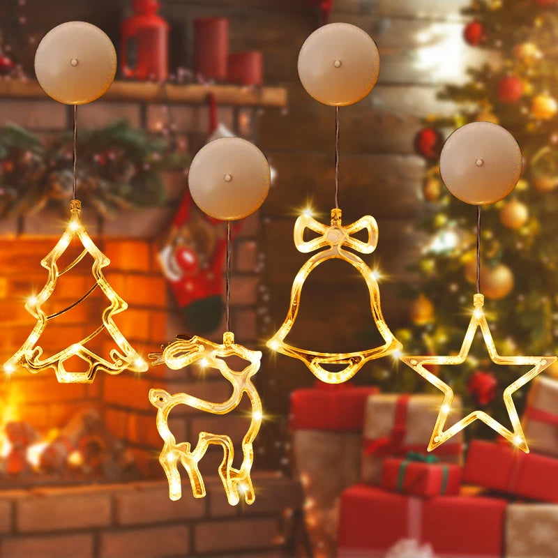 Christmas LED Light Snowflake Santa Deer Hanging Sucker Lamp Window Ornaments Decoration for Home Navidad 2023 New Year Decor