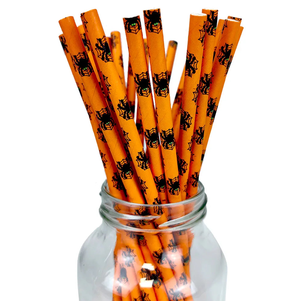 25/50pcs Halloween Paper Straws Black Orange Pumpkin Spider Skull Pattern Halloween Party Decorations Disposable Drinking Straws