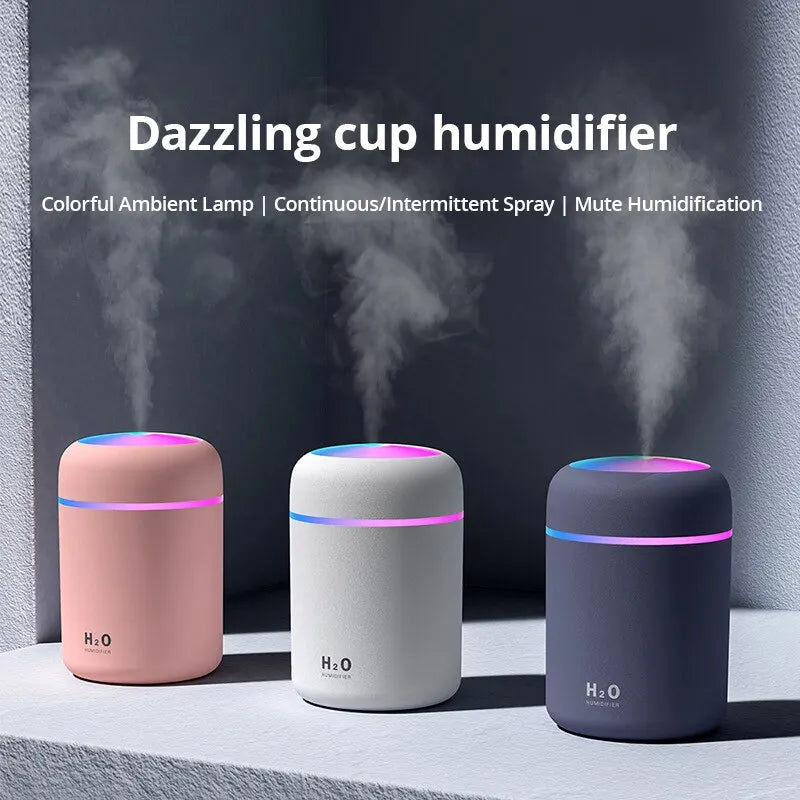 USB Cool Mist Sprayer Portable 300ml Electric Air Humidifier Aroma Oil Diffuser with Colorful Night Light for Home Car