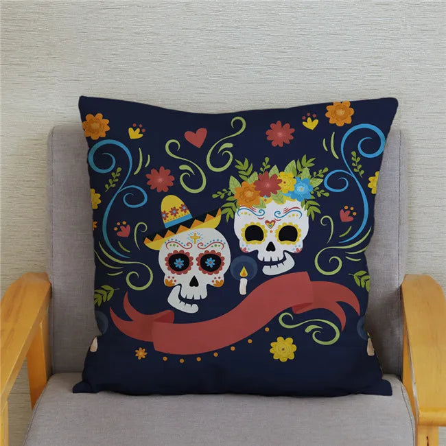 Mexican Day of The Dead Pillowcase Bedroom Living Room Sofa Home Decoration  Cartoon Flower Skull Print Cushion Cover