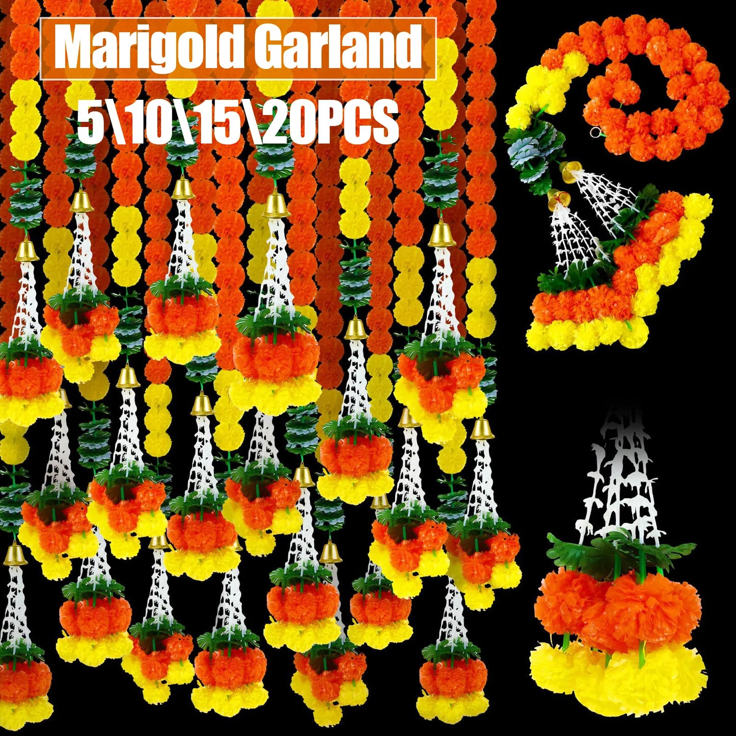 2-20pcs Marigold Flower Garland For Decoration 5 Ft Artificial Flower Garland Pooja, Diwali,Mexican Party ,Day of The Dead Decor