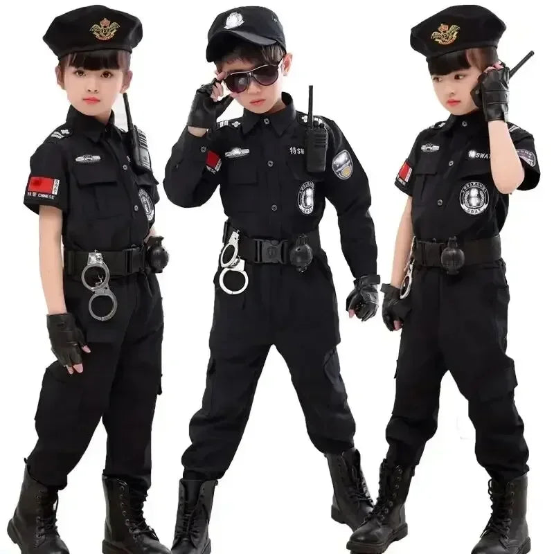 New Kids Uniform Police Costumes Cosplay Kids Police Top Pants Hat Dress Boys Girls Police Clothes Halloween Christmas Gift