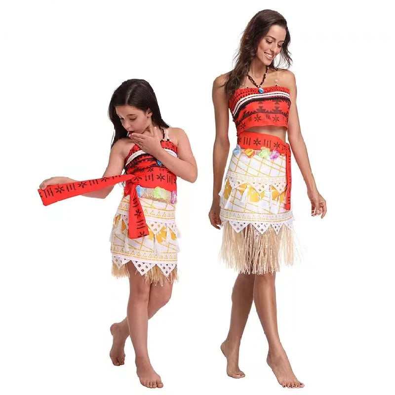 Kids Cosplay Vaiana Moana Princess Costume Dress Adult Necklace Wig Girl Halloween Party Moana Dress Costume Cosplay