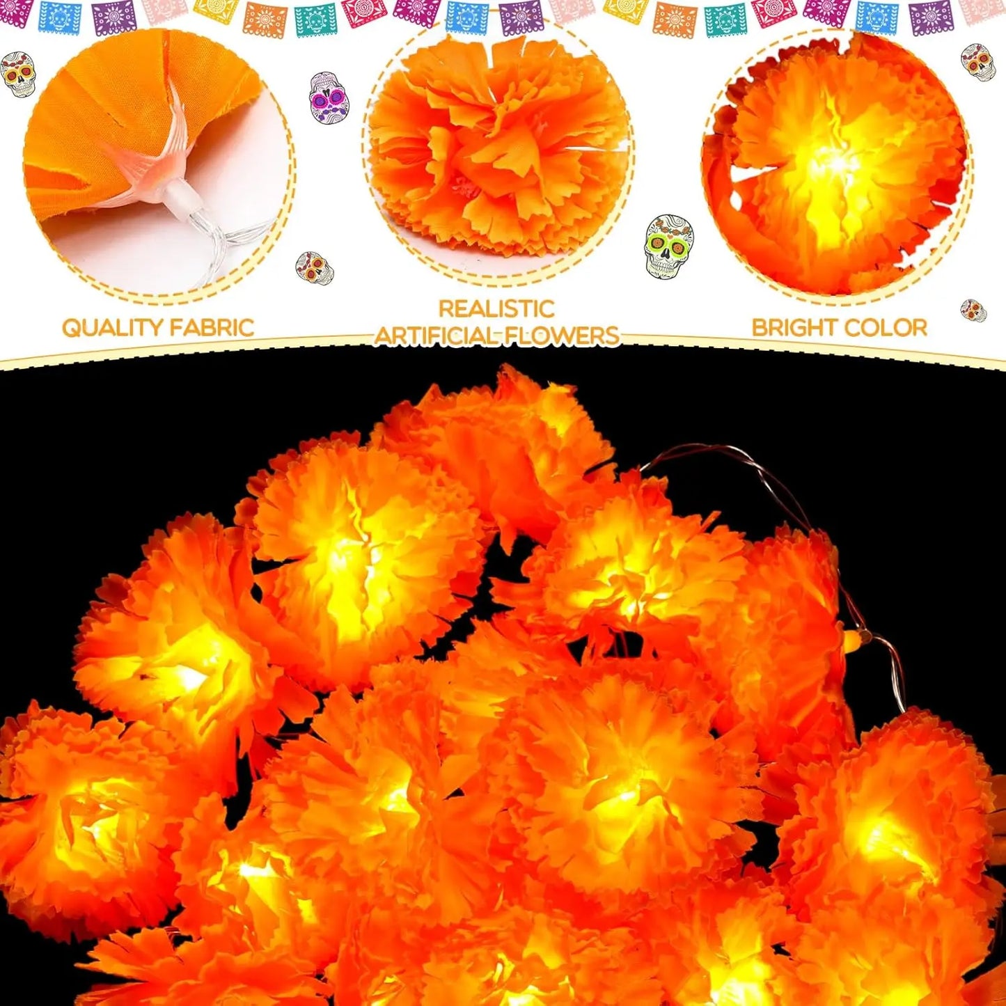 Halloween Marigold LED Lights Battery Operated Garland String Lights Diwali Outdoor Indoor Decoration Artificial Marigold Flower