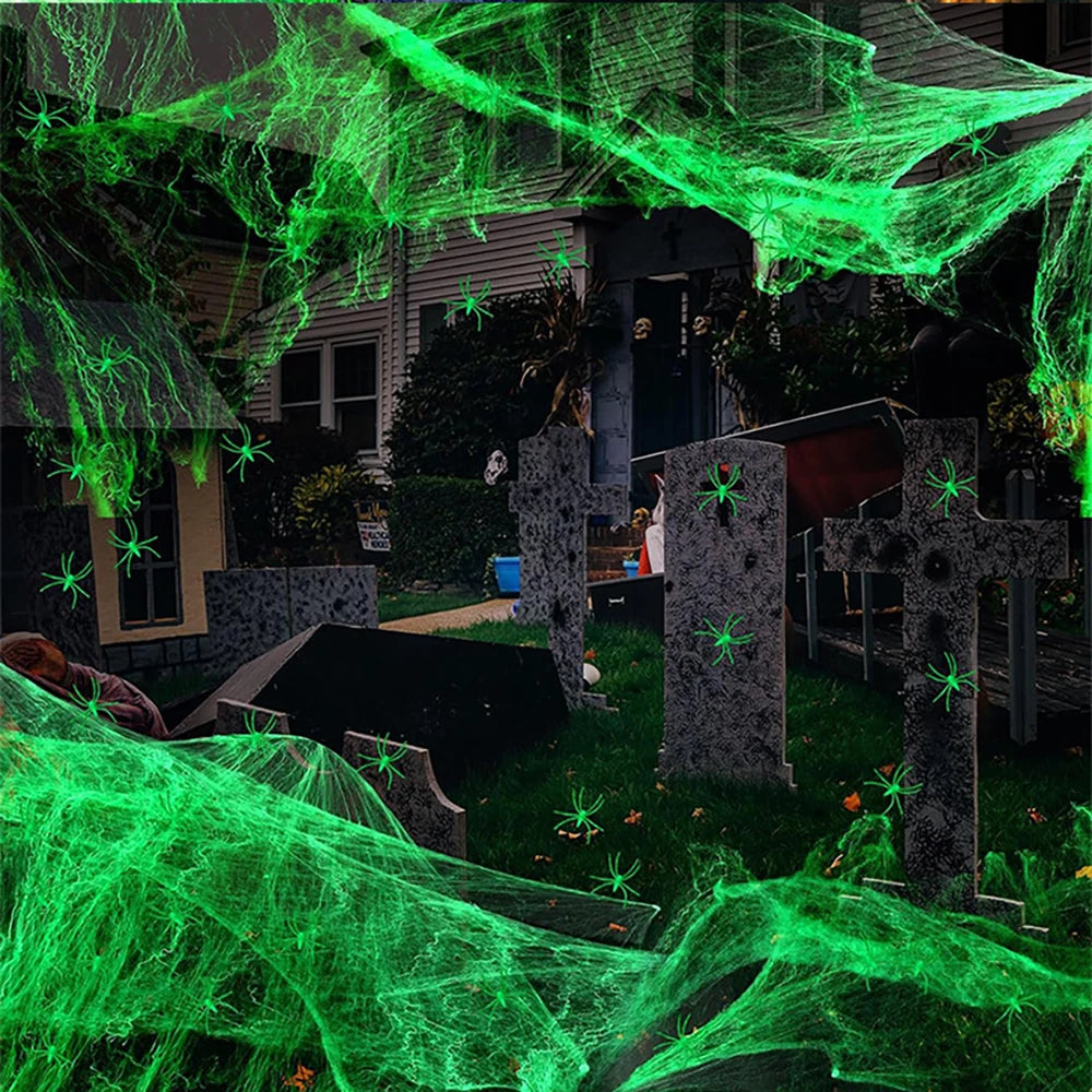 Luminous Spider Web,Stretchy Artificial Cobweb with Fake Spiders,Halloween Decorations,Outdoor Horror Haunted House Decor Props