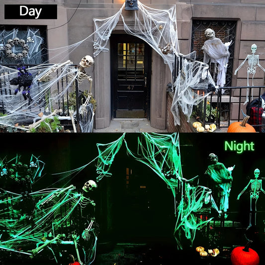 Glow in The Dark Spider Webs and Fake Spiders White Stretch Cobwebs for Halloween Indoor Outdoor Horror Decoration Prop