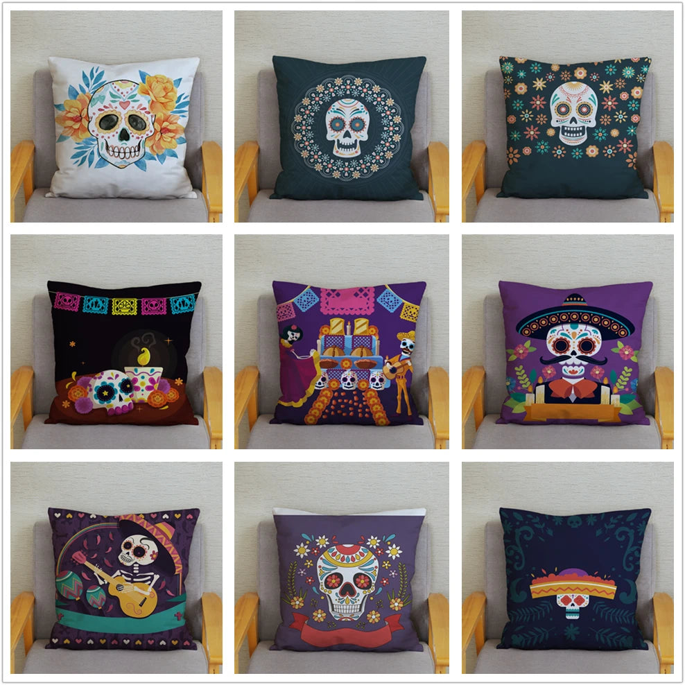 Mexican Day of The Dead Pillowcase Bedroom Living Room Sofa Home Decoration  Cartoon Flower Skull Print Cushion Cover