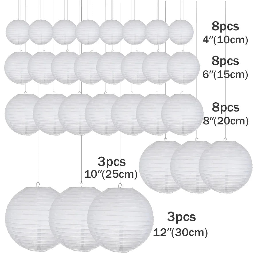 30pcs/Lot 4''-12'' Mix Size Paper Ball Lampion Hanging White Wedding Decoration Paper Lanterns Lampshade Party Décor