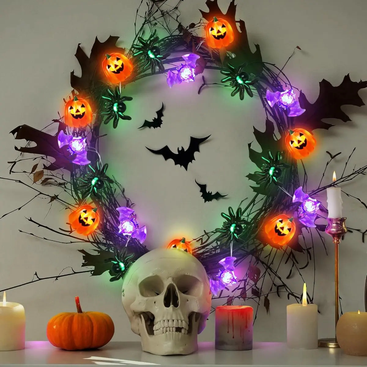 1pc LED Halloween Pumpkin Spider Bat String Light Battery Operated Waterproof Indoor And Outdoor Spooky Atmosphere Hanging Decor