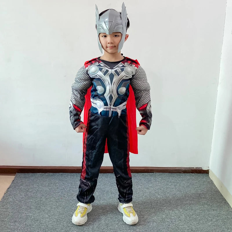 Kids Thor Muscle Costume Superhero Thor Cosplay Muscle Costume Jumpsuit Mask Hammer Halloween Carnival Clothes for Children