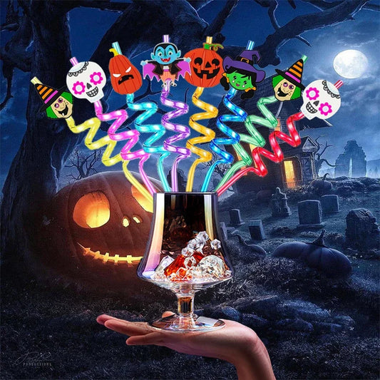 1/8pcs Halloween Plastic Drinking Straws Reusable Pumpkin Bat Spider Web Skeleton Witch Straws Party Decoration Birthday Party